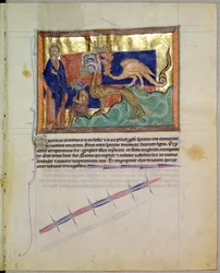 San Juan Evangelista viendo ranas saliendo de las bocas de las tres bestias, del Apocalipsis de Gulbenkian, c.1265-70