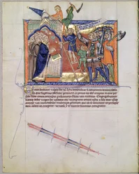 El Guerrero Divino liderando un ejército contra los que atacan a los fieles, del Apocalipsis de Gulbenkian, c.1265-70