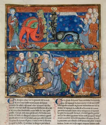 Ms R.16.2 f.14b La matanza de la bestia de siete cabezas, del Apocalipsis de la Trinidad, anglo-normando, c.1250 (vitela)