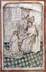 Thomas Bekynton, Obispo de Bath y Wells, recibe a Chaundler, del Misal de Abingdon, 1457-61