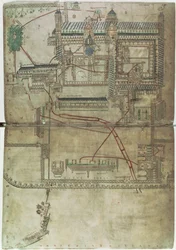 Ms R 171 f.285 Plano de la catedral de Canterbury y del sistema de tuberías, del "Salterio de Eadwine", c.1150 (vitela)