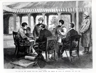 Muhammad Yaqub Khan (1849-1923) firmando el Tratado de Paz en Gundamak el 26 de mayo de 1879