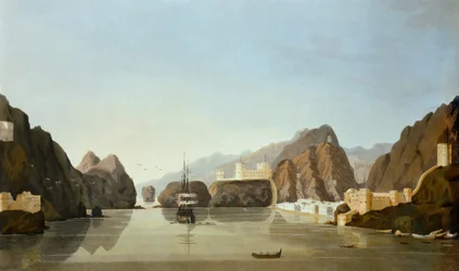 Mascate desde el puerto con una fragata británica anclada, de Dieciséis vistas de lugares en el Golfo Pérsico, por el teniente R. Temple, publicado en 1813