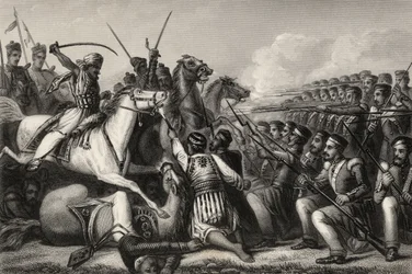 Caballería amotinada atacando una plaza de infantería en la Batalla de Cawnpore en 1857, de 