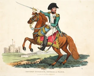 Napoleón Bonaparte, Emperador de Francia, grabado por Romney, publicado por Richard Evans, ilustración de Un relato histórico de la batalla de Waterloo por William Mudford, 1816