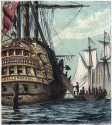 Napoleón I es entregado a los ingleses. Embarque de Napoleón a Santa Elena a bordo del Bellerophon el 15 de julio