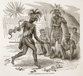 Hechicero y hacedor de lluvia nativo, ilustración de The Pictorial Edition of the Life and Discoveries of David Livingstone por J. Ewing Richie, pub. por A. Fullarton & Co., 1876