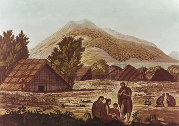 Nativos, con chozas y montañas detrás, grabado por F. Fumagalli (grabado en color)
