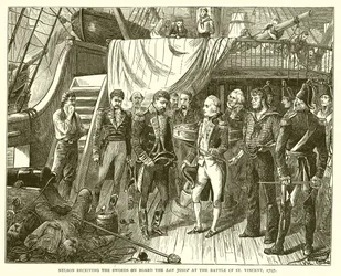 Nelson recibiendo las Espadas a bordo del San Josef en la Batalla de San Vicente, 1797