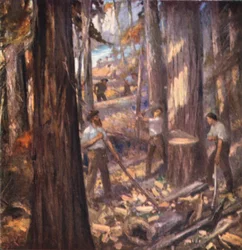 New Brunswick, William Davidson, primer leñador de Canadá, cortando mástiles para la marina británica (litografía en color)