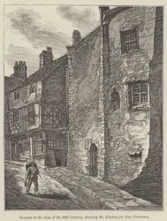 Newgate a finales del siglo XVIII, mostrando la caja de limosnas para prisioneros pobres (grabado)