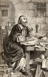 Nicholas Ridley escribiendo cartas en prisión mientras espera su ejecución, c.1865