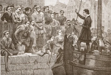 Nicolás predicando a la multitud desde un barco en el Escalda, ilustración de La Historia del Protestantismo de James Aitken Wylie (1808-1890), pub. 1878