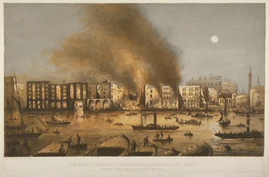 Vista nocturna del incendio de 1861 en Tooley Street, Bermondsey, 1861