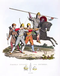 Caballero normando y arqueros, 1066, de Armadura Antigua, por Samuel Rush Meyrick, 1824