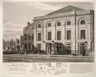 Vista Noreste del Teatro de Surrey, anteriormente El Circo Real cerca del obelisco, Great Surrey Street, 1814
