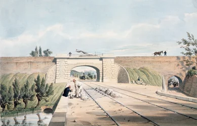 Línea North Midland bajo el Canal Cromford en Bull Bridge, publicado por Day y Haghe