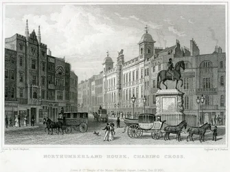 Northumberland House, Charing Cross. La oficina de lotería de Bish, No 9 Charing Cross, está al lado del Golden Cross Hotel