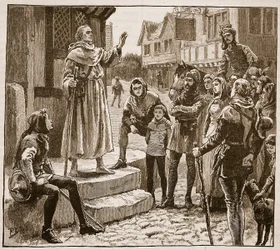 Uno de los pobres sacerdotes de William predicando al pueblo, ilustración de Cassells Illustrated History of England