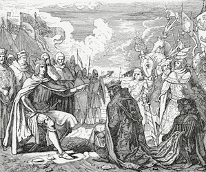 Ottokar II de Bohemia rinde homenaje a Rodolfo I, rey de Alemania en 1276