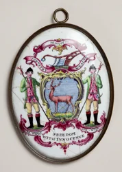 Medallón ovalado para la Sociedad de Bucks, mostrando dos guardabosques sosteniendo un escudo pintado con un ciervo
