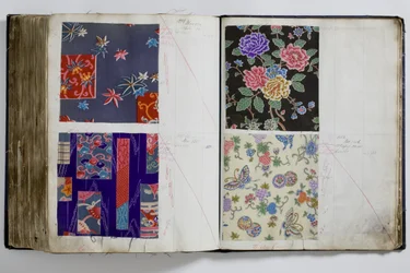 Páginas de un libro de muestras de textiles, anotado a mano con el rango de fechas 1887-94