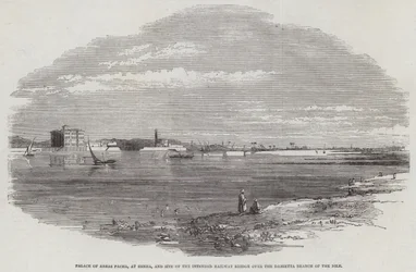 Palacio de Abbas Pacha, en Benha, y Sitio del Puente Ferroviario Planeado sobre la Rama de Damietta del Nilo (grabado)