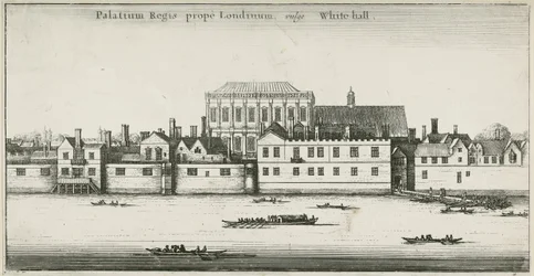 Palacio de Whitehall desde el río Támesis, Westminster, Londres, Reino Unido (aguafuerte)