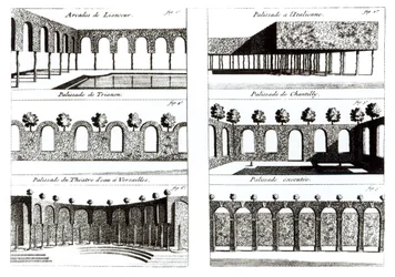 Diseños de empalizadas, de Theory and Practice of Gardening, por Antoine-Joseph Dezallier D