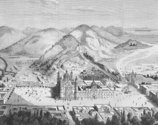 Vista panorámica de la Basílica de Guadalupe, Ciudad de México 1880s (grabado)