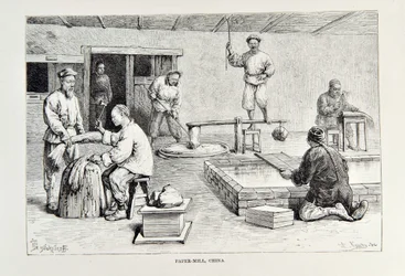 Fábrica de papel, China, ilustración de The Universal Geography, the Earth and its inhabitants por Elisee Reclus, publicado 1878