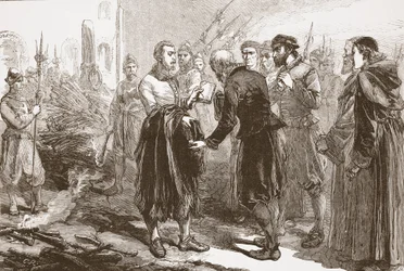 Despedida de Patrick Hamilton de sus amigos en la hoguera, ilustración de La Historia del Protestantismo de James Aitken Wylie, pub. 1878
