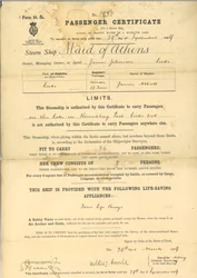 Certificado de pasajero para el barco de vapor The Maid of Athens