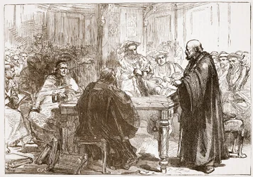 Pastor Olaf en la Conferencia de Upsala, ilustración de La Historia del Protestantismo de James Aitken Wylie, pub. 1878