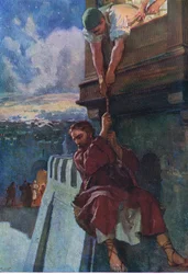 La huida de Pablo de Damasco, de The Bible Picture Book publicado por Thomas Nelson, c.1950 (litografía en color)
