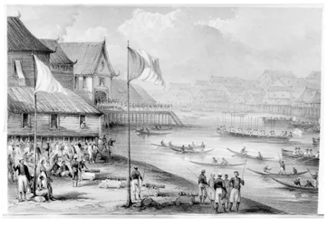 Pax Britannica llega a una aldea de Borneo, frontispicio del Volumen 2 Narrativa de Eventos en Borneo y Célebes, Hasta la Ocupación de Labuan por Rodney Mundy, 1848