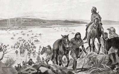 Frigios cruzando el Bósforo de Europa a Asia, de la Historia de las Naciones de Hutchinson, pub.1915