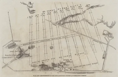Plano y arreglos del concurso de tiro con rifle en Wimbledon Common (grabado)