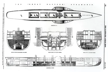 Plano y secciones transversales del Gran Barco de Vapor del Este, 1857