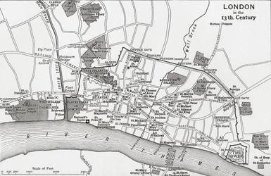 Plano de Londres en el siglo XIII, de «A Short History of the English People» de J. R. Green, publicado en 1893