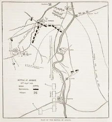 Plano de la Batalla de Assaye, ilustración de Cassells Illustrated History of India de James Grant, pub. 1879