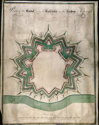 Plano de la ciudadela de Calcuta y Fort William, almacén fortificado de la Compañía de las Indias Orientales, c.1750 (pluma, tinta y acuarela sobre papel)