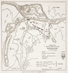 Plano del ataque a Seringapatam, ilustración de Cassells Illustrated History of India de James Grant, pub. 1879