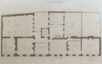 Planos de la planta baja de 21 Albemarle Street después de las alteraciones iniciales a la casa tras su adquisición por la Royal Institution, c.1800