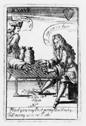 Cartas de juego conmemorativas de la Guerra de Sucesión Española, palo de corazones, c.1707 (detalle)