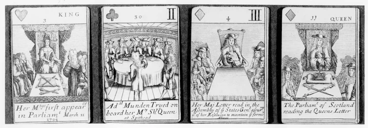 Cartas de juego que representan eventos al inicio del reinado de la Reina Ana, de un conjunto que conmemora la Guerra de Sucesión Española (1702-13)
