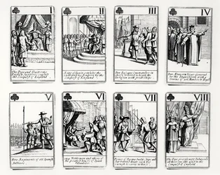 Cartas de juego que representan eventos de la Armada Española