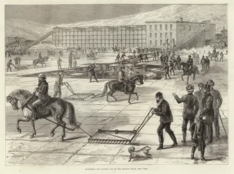 Arando y almacenando hielo en el río Hudson