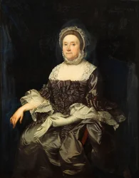 Retrato de Deborah Worsley de Platt, sentada a tres cuartos de longitud, con un vestido malva con cuello y puños de encaje blanco, sosteniendo un par de guantes, c.1760
