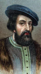 Retrato de HERNANDO (Hernán) CORTÉS (Cortez) (1485-1547) conquistador inglés - De la serie “Líderes de Hombres” - Cromolitografía - Escuela Inglesa, siglo XX